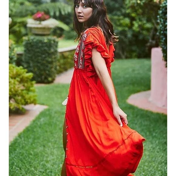 FREE PEOPLE Bali Will Wait For You Boho Embroidered Maxi Dress Red Medium M - Picture 2 of 16
